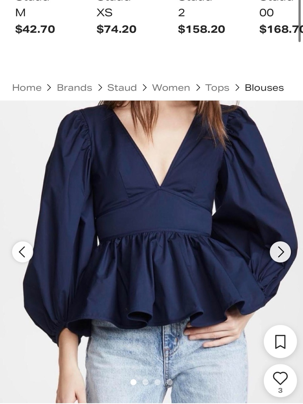 STAUD Beautiful Deep Blue Navy Peplum Blouse with Voluminous Sleeves